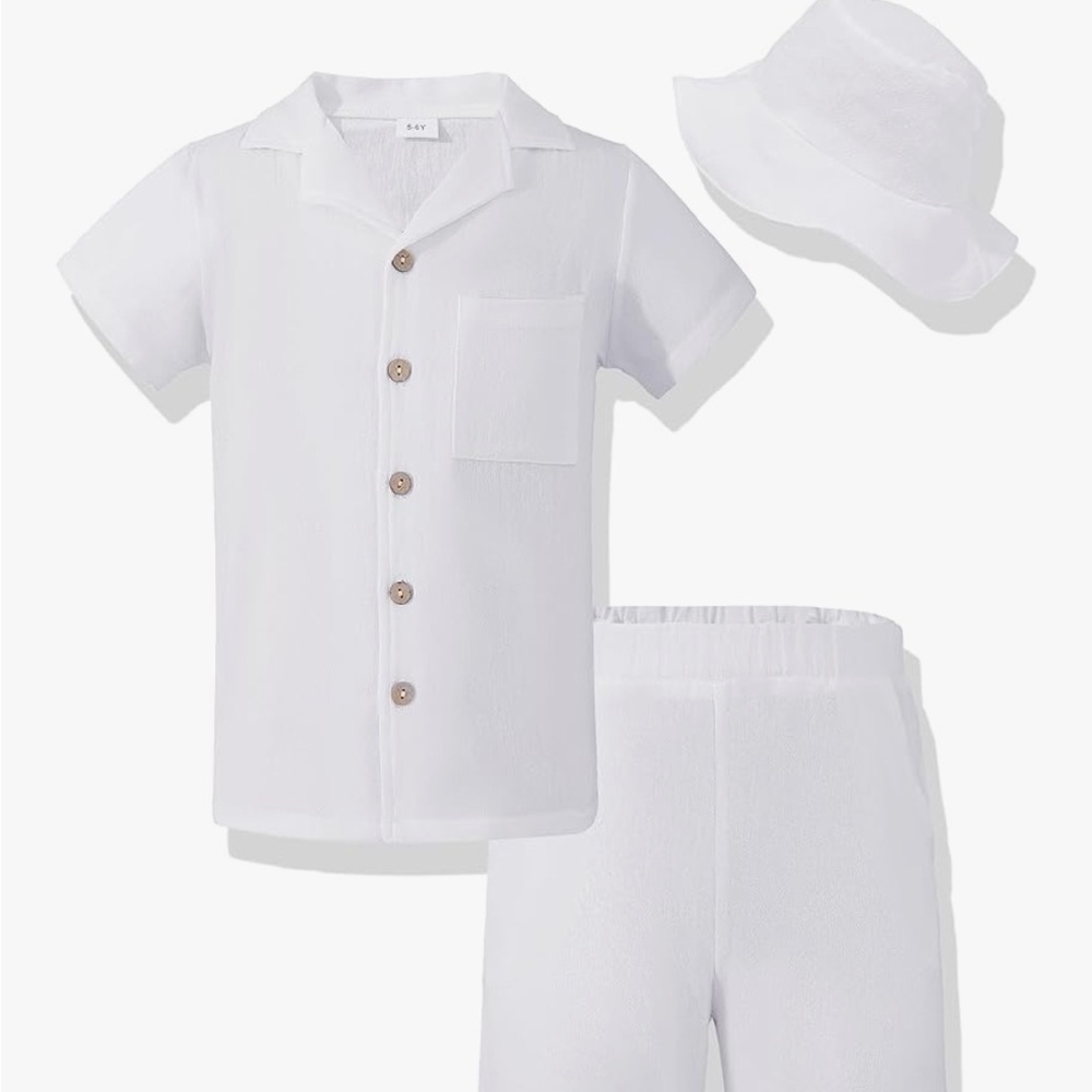 White Button-Up Shirt and Shorts Set with Hat